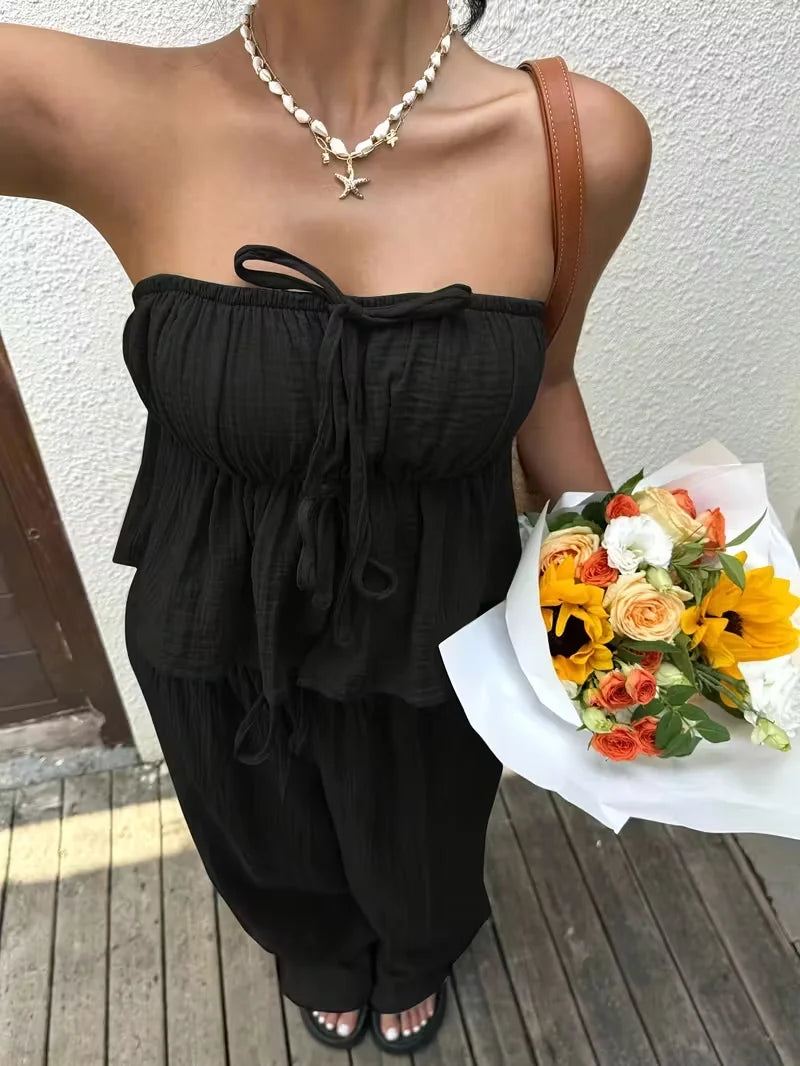 2 piece sets woman outfits，New women's casual two-piece lace up top and pants