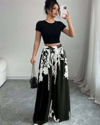 Women's Tropical Print Wide-Leg Pants, Elastic Waist Design, Slim Fit for Casual Vacation Wear