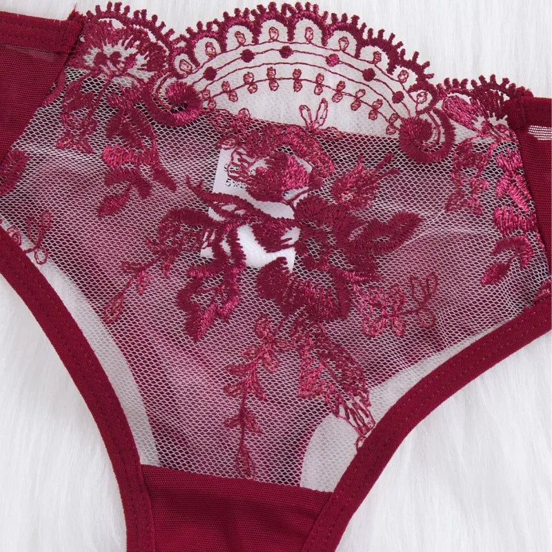 Women's Sexy Push Up Lingerie Set Sheer Floral Embroidery Support Bra Thong Anti Sagging Underwire Chest Cleavage Enhancement