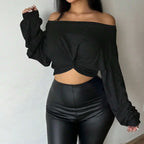 Women's Off-Shoulder One-Shoulder Collar Front-Tie Short Top
