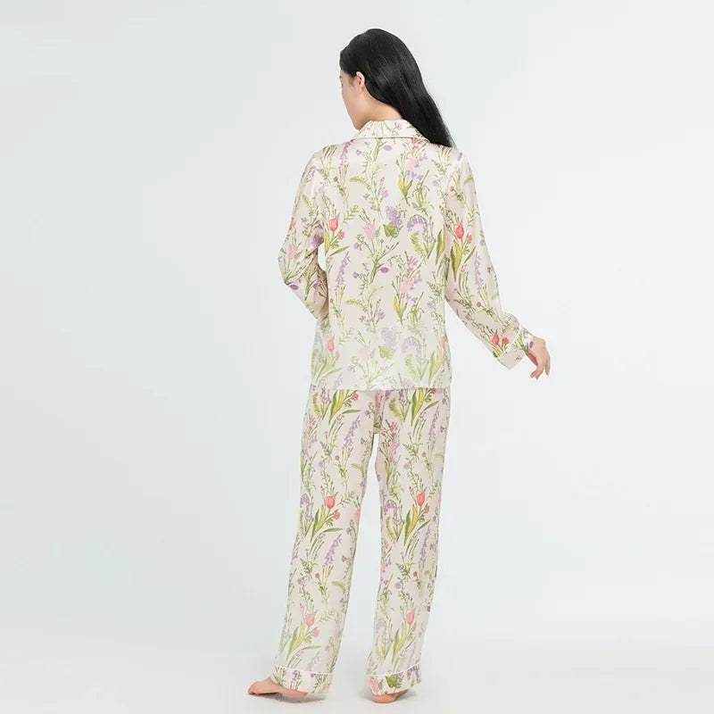 Floral Women's Pajama Set 19 Momme 100% Mulberry Silk Long Sleeve Button Top and Long Pants Two Piece Casual Homewear Loungewear