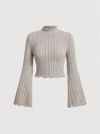 Women Flare Long Sleeve Mock Neck Rib-knit Crop Top Cropped Blouse Spring Fall 2024 Casual Slim Fit T-shirt Tees Y2K Clothes