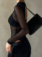 Black Mesh Transparent Sexy Bodysuit Long Sleeve Slim Skinny Stripe Mock Neck Casual Rompers Women Lady Party Club Body
