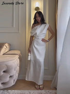 Elegant One Shoulder Solid Dress Women's Waist-cinching Side Split Ankle-length Dresses 2026 Summer New Lady Casual Cozy Robes