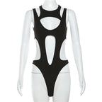 Sylcue Black Mysterious Sexy Hot Nightclub Hollow All-Match Cool Trendy Personality Mature Beautiful Open Women's Tight Jumpsuit