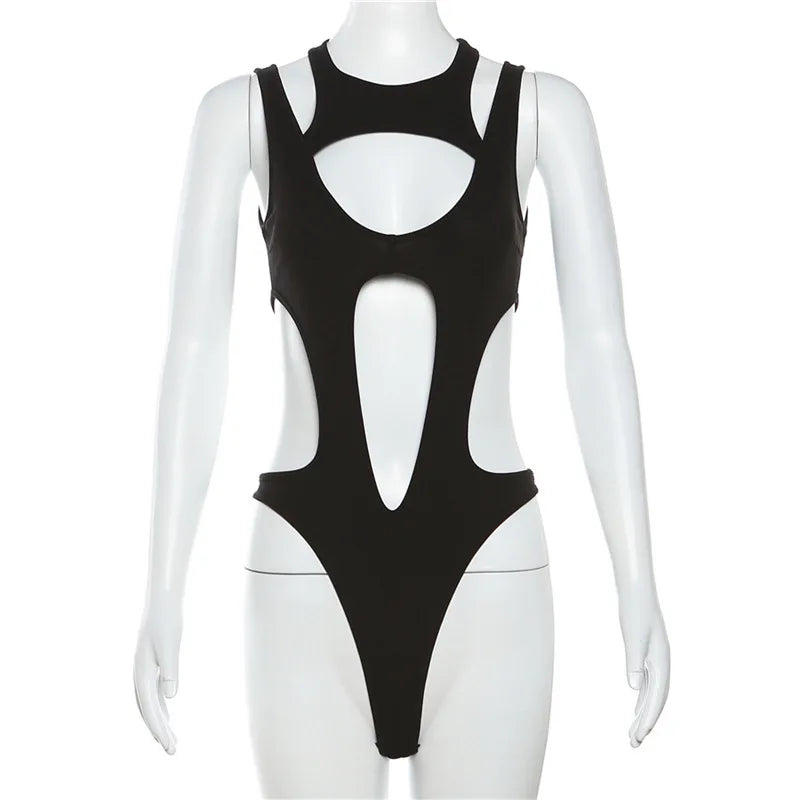 Sylcue Black Mysterious Sexy Hot Nightclub Hollow All-Match Cool Trendy Personality Mature Beautiful Open Women's Tight Jumpsuit