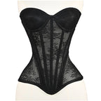 Women Mesh Corset Busiter Overbust Cups Push Breast Floral Lace Bodice Tansparent Strapless Crop Tops Lace Up Steel Boned Corset