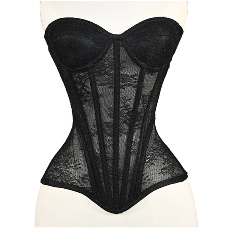 Women Mesh Corset Busiter Overbust Cups Push Breast Floral Lace Bodice Tansparent Strapless Crop Tops Lace Up Steel Boned Corset