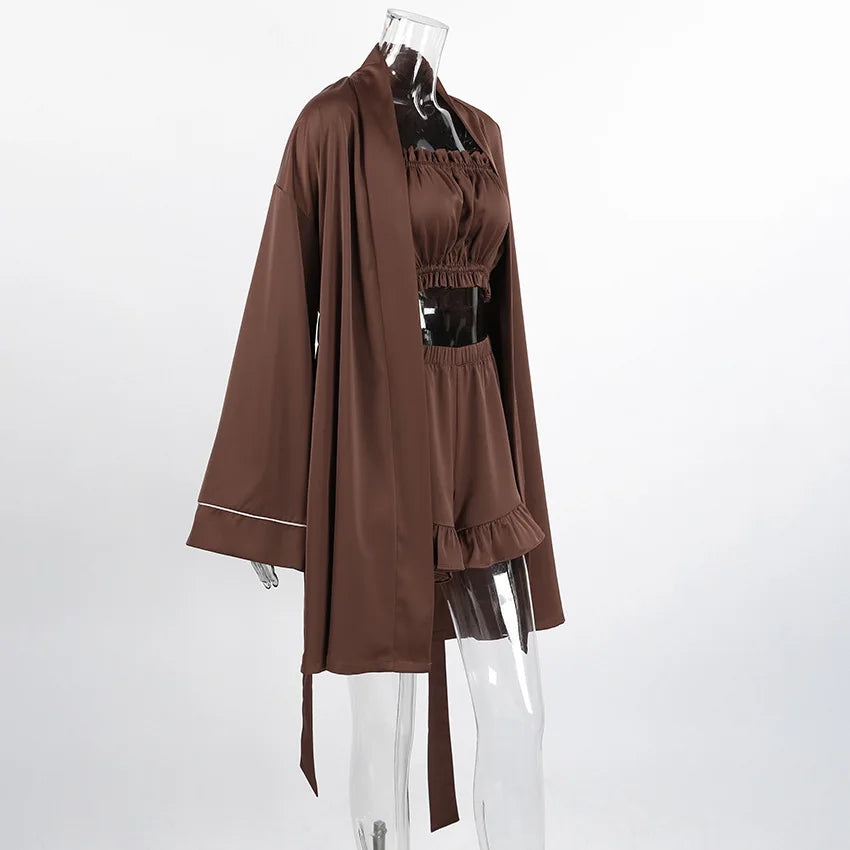 Elegant Brown Satin 3 Piece Short Set Fashion Crop Top Vest Long Sleeve Robe With Wide Leg Shorts Home Ruffles Pajama
