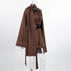 Elegant Brown Satin 3 Piece Short Set Fashion Crop Top Vest Long Sleeve Robe With Wide Leg Shorts Home Ruffles Pajama