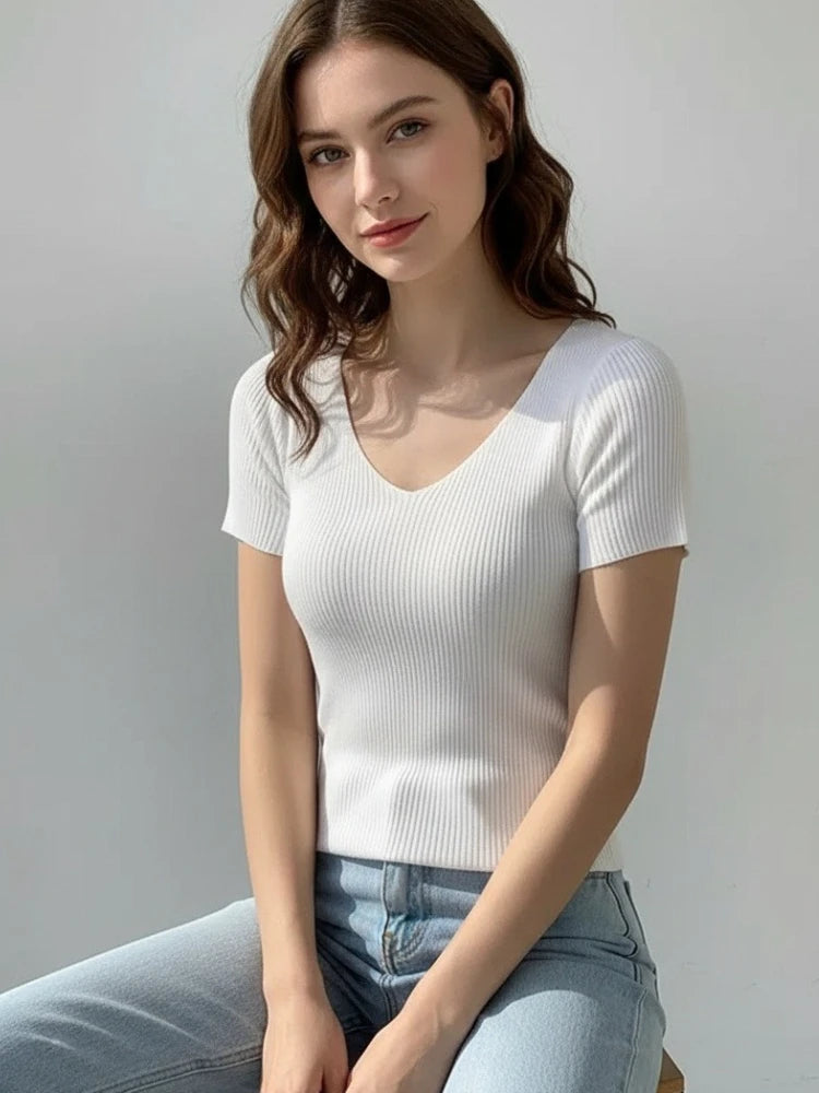 AOSSVIAO 2026 Summer Basic V-neck Solid Thin Women Pullover Female Knitted Ribbed Sweater Slim Short Sleeve Bodycon Sweater