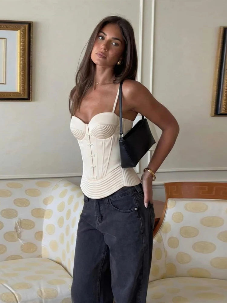 Button Embellished Corset Top Spaghetti Strap Boned Fitted 2026 Spring Elegant Women Satin Top Fashion Seductive Lady Bustier
