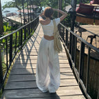 Loose wide-leg pants with elastic waist and drawstring, drapey and versatile, cool summer straight-leg casual pants
