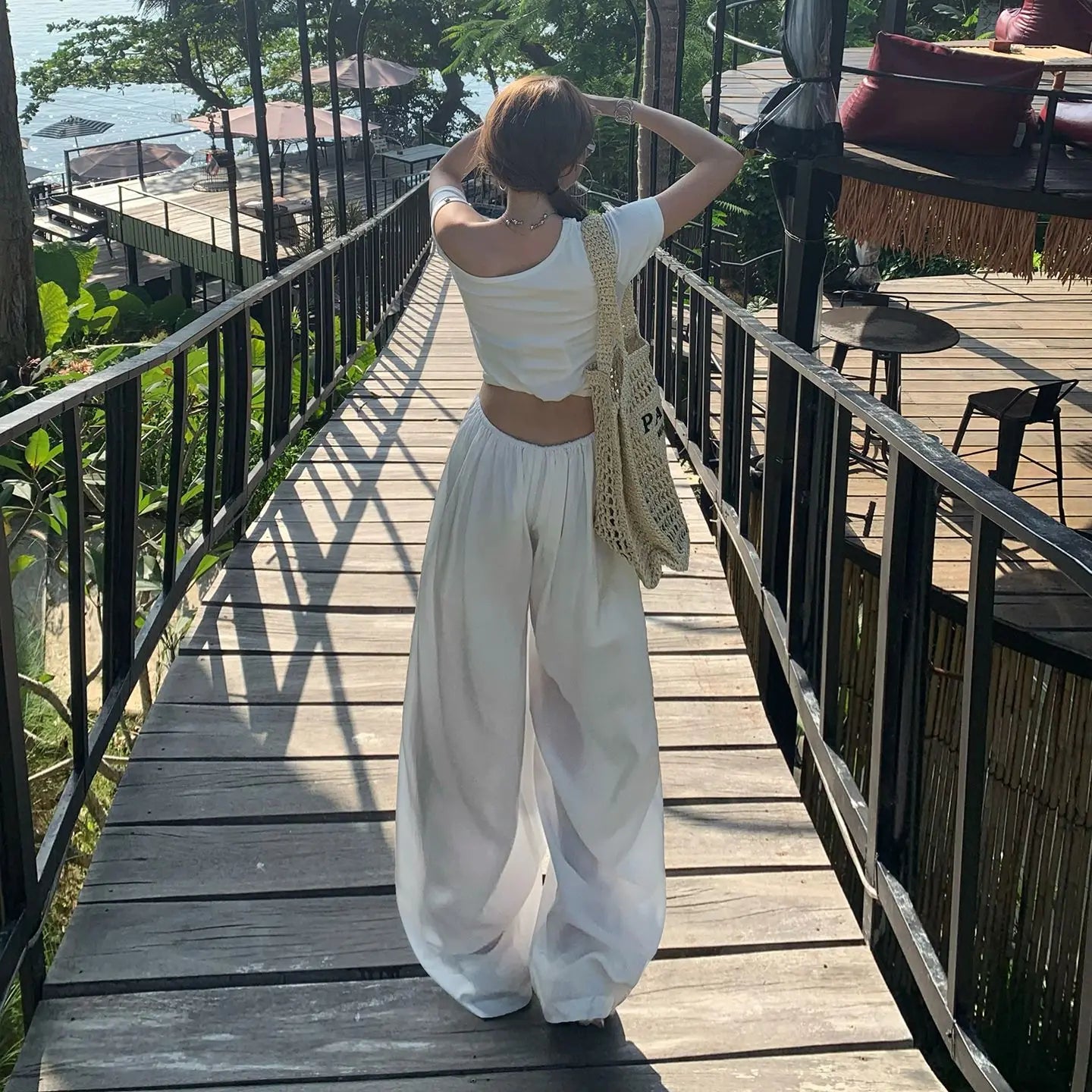 Loose wide-leg pants with elastic waist and drawstring, drapey and versatile, cool summer straight-leg casual pants