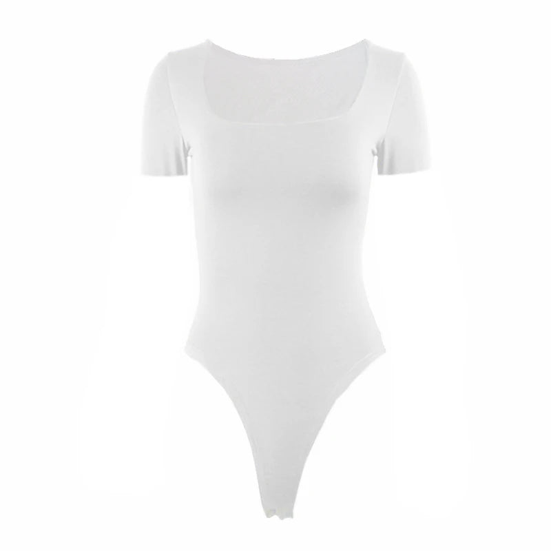 Short Sleeve Bodysuits Summer Square-Cut Collar Solid Bodycon Elastic Romper Sexy Y2k Women Clothing Fashion Club Party 2521