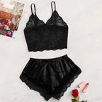 2PCS Women's Satin Pajama Set Lace Cami Top and Shorts Sexy Lingerie Sleepwear Summer Breathable Nightwear Black And Pink