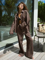 Women's Casual Solid Cotton Linen Pant Sets Chic Laple Single Breasted Long Sleeve Shirt Elasticity Waist Pant New Two Piece Set
