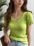 AOSSVIAO 2026 Summer Basic V-neck Solid Thin Women Pullover Female Knitted Ribbed Sweater Slim Short Sleeve Bodycon Sweater