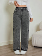 2025 autumn new women's jeans, tie-dye contrast washing, elastic waist, high waist straight jeans