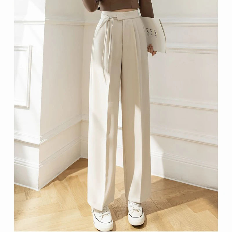Spring Women Lace Up Straight Leg Suit Pants Female Solid Color High Waisted Trousers Lady Chic Designer All Match Work Pants