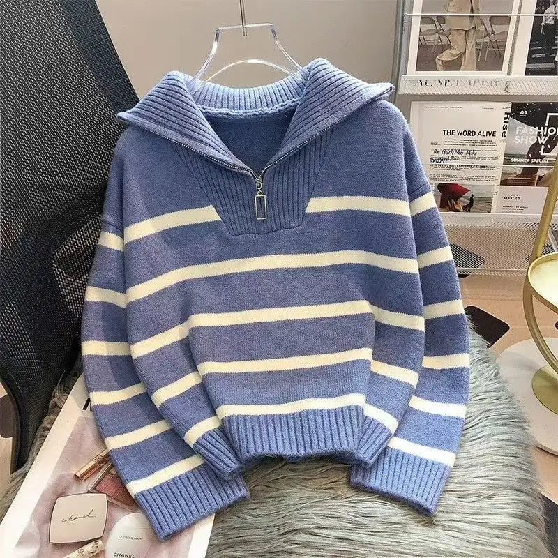 Sweater Pullover Women Spring and Autumn Underwear New Zipper Stripe Underlay Short Style Popular Premium Sweater Female