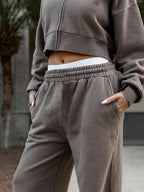 Women's Fall Winter Hooded Sweatshirt Set, Long Sleeve Short Top & Drawstring Waist Pants, Casual Sportswear for Ladies