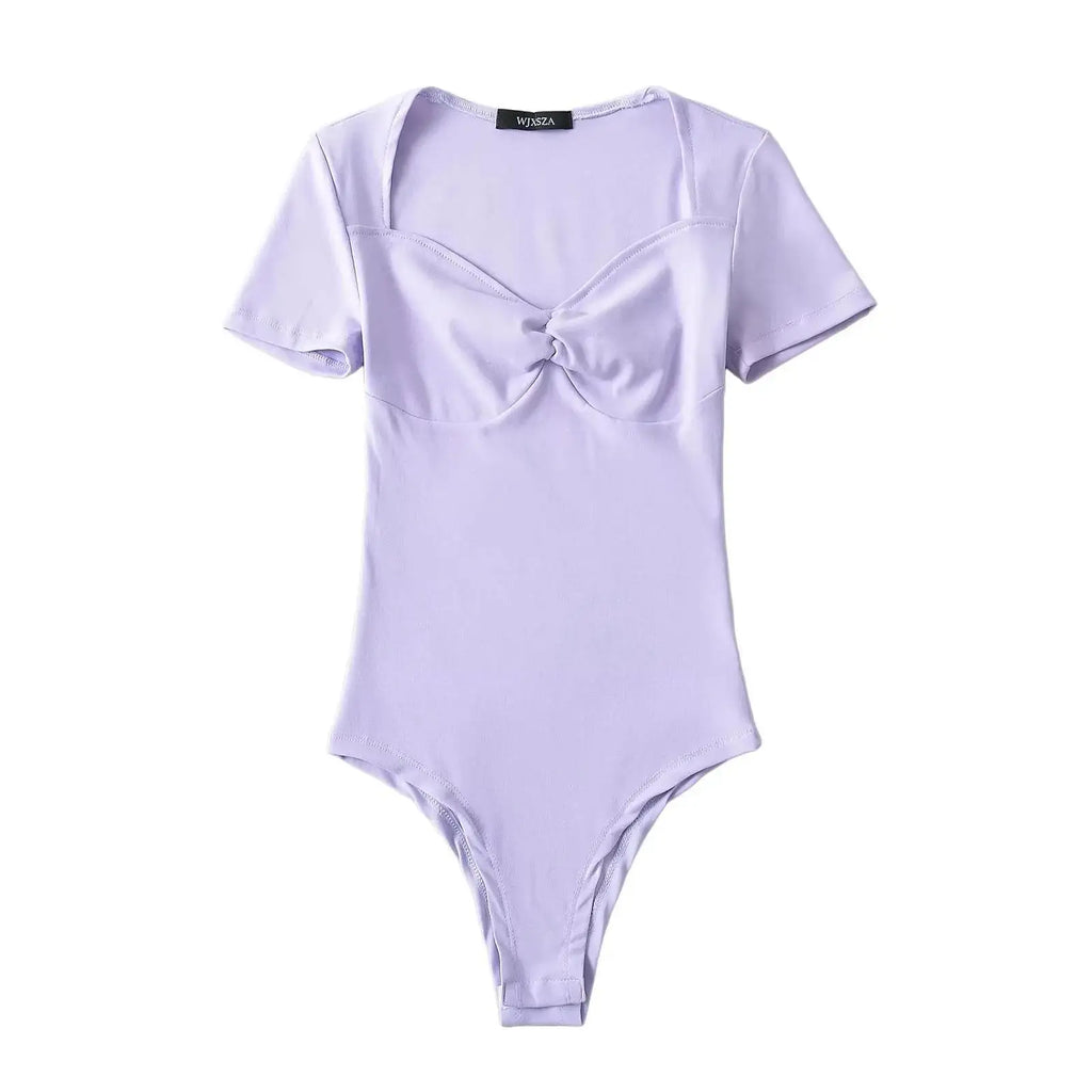 Summer Short Sleeve Square Collar Folds Bodysuits Women Elastic Slim Top Jumpsuits