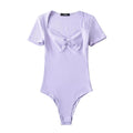 Summer Short Sleeve Square Collar Folds Bodysuits Women Elastic Slim Top Jumpsuits