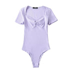 Summer Short Sleeve Square Collar Folds Bodysuits Women Elastic Slim Top Jumpsuits