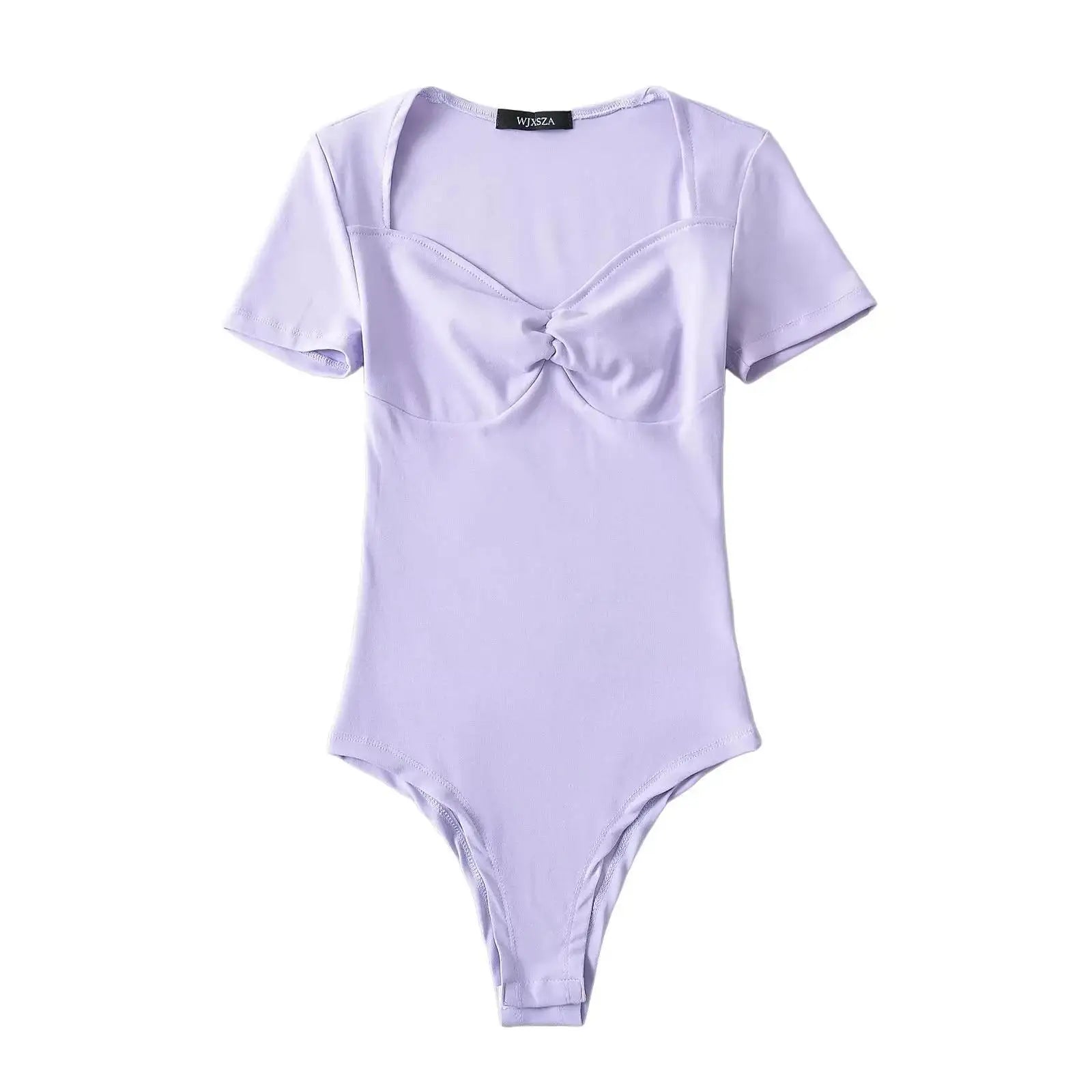 Summer Short Sleeve Square Collar Folds Bodysuits Women Elastic Slim Top Jumpsuits