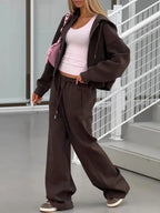 Women's Fashion Street Sports Style Two-Piece Set Casual Solid Color Zipper Cardigan Hooded Sweatshirt Loose Widefoot Pants Set