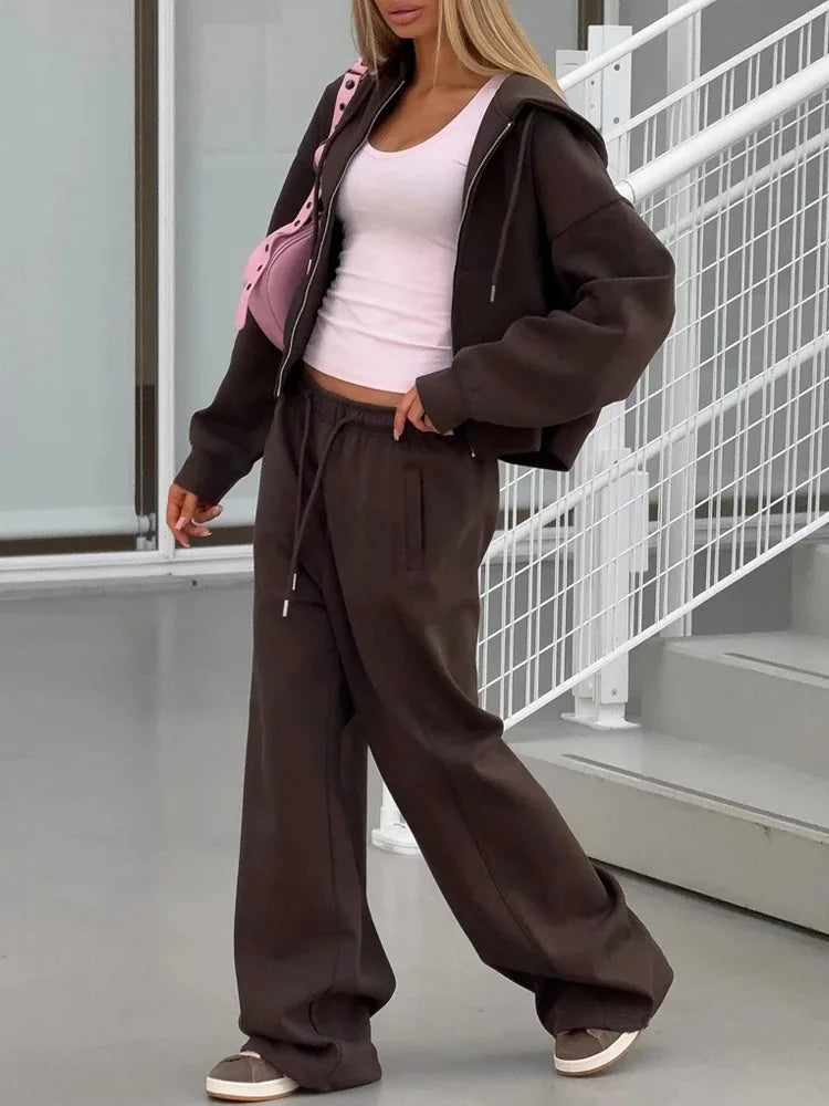Women's Fashion Street Sports Style Two-Piece Set Casual Solid Color Zipper Cardigan Hooded Sweatshirt Loose Widefoot Pants Set
