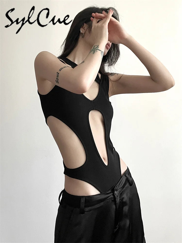 Sylcue Black Mysterious Sexy Hot Nightclub Hollow All-Match Cool Trendy Personality Mature Beautiful Open Women's Tight Jumpsuit