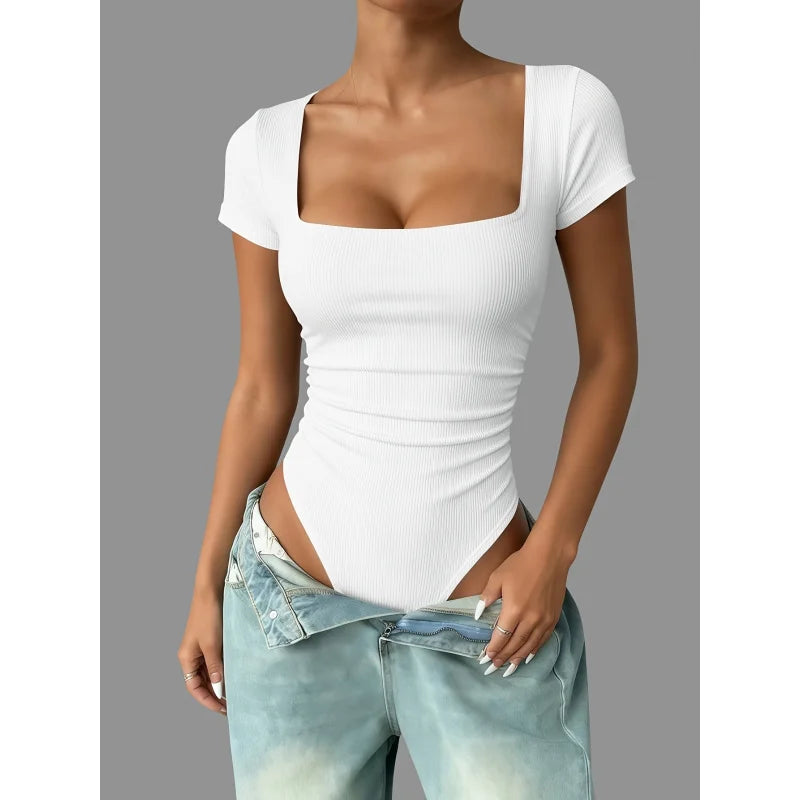 Solid Color Square Neck Ribbed Short Sleeve Bodysuit That Highlights Curves And Creates a Slim Silhouette