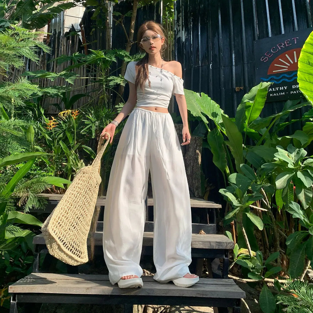 Loose wide-leg pants with elastic waist and drawstring, drapey and versatile, cool summer straight-leg casual pants
