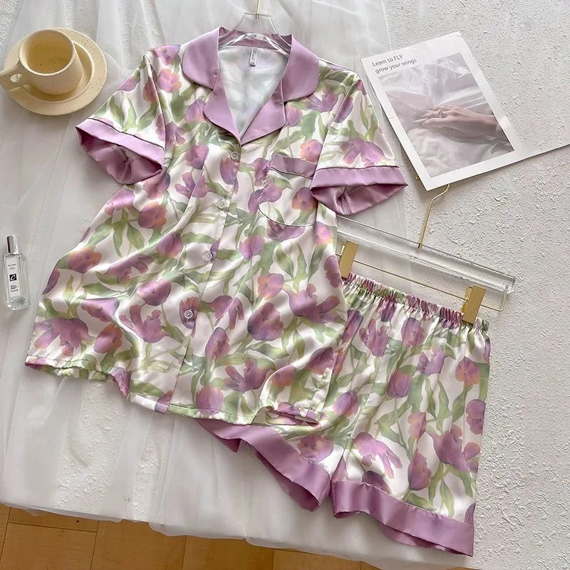 Women's Summer Faux Silk Pajama Shorts Set Casual Women's Short Sleeve Top and Shorts Home Clothes Flower Faux Stain Pajama Set
