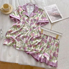 Women's Summer Faux Silk Pajama Shorts Set Casual Women's Short Sleeve Top and Shorts Home Clothes Flower Faux Stain Pajama Set