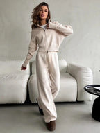 Zipper Front Knitted Long Sve Wide Leg Pants Two Piece Set for Women Autumn Winter Pure Color Faion Ensemble