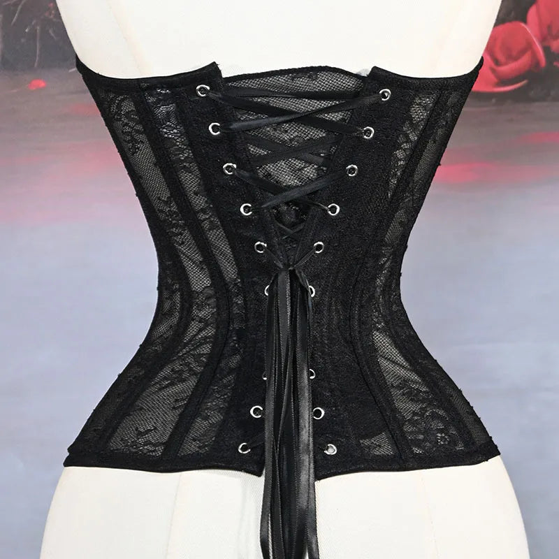 Women Mesh Corset Busiter Overbust Cups Push Breast Floral Lace Bodice Tansparent Strapless Crop Tops Lace Up Steel Boned Corset