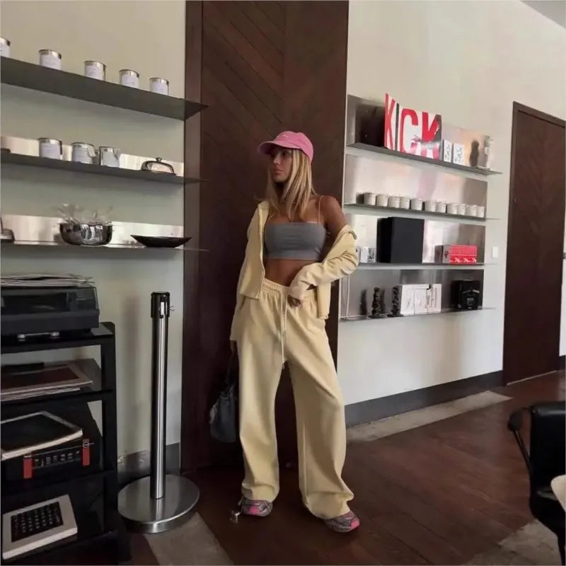 Women's Fashion Street Sports Style Two-Piece Set Casual Solid Color Zipper Cardigan Hooded Sweatshirt Loose Widefoot Pants Set