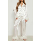 Combhasaki Women's Silk Satin Pajamas Set Feather Trim Cuff 2 Piece Loungewear Long Sleeve Button Down Shirt Pants Set Sleepwear