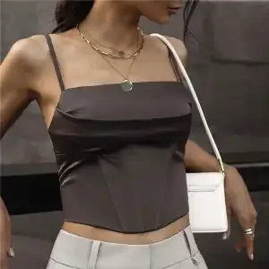 Women's White Satin Bustier Crop Top Spaghetti Strap Square Neck Corset Camisole