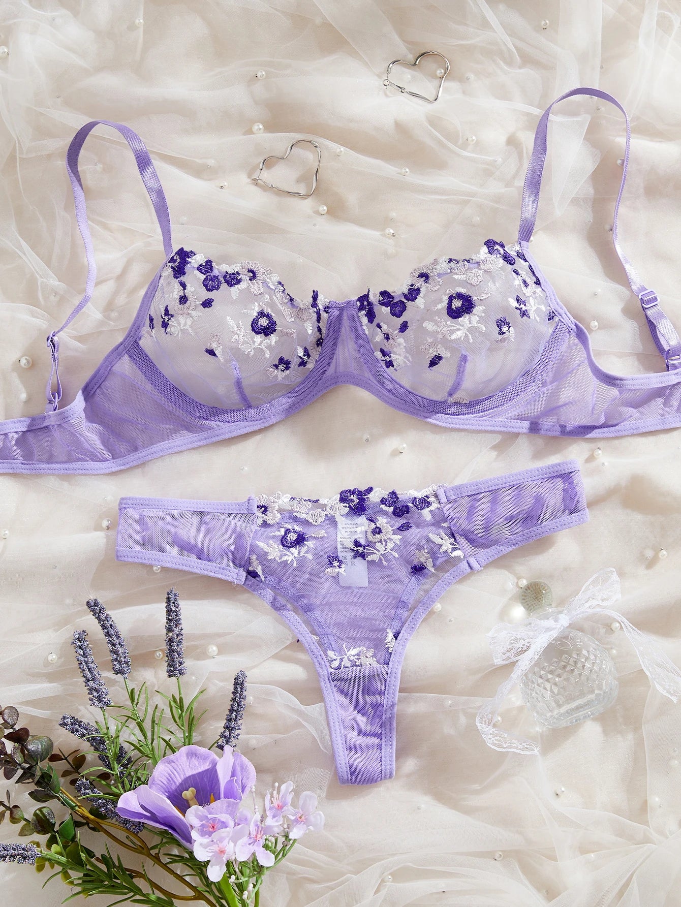Sexy Lingerie Women Thin Transparent Lace See Through Erotic Underwear Bra And Panty Set Sleepwear Suit Embroidery Floral No Pad