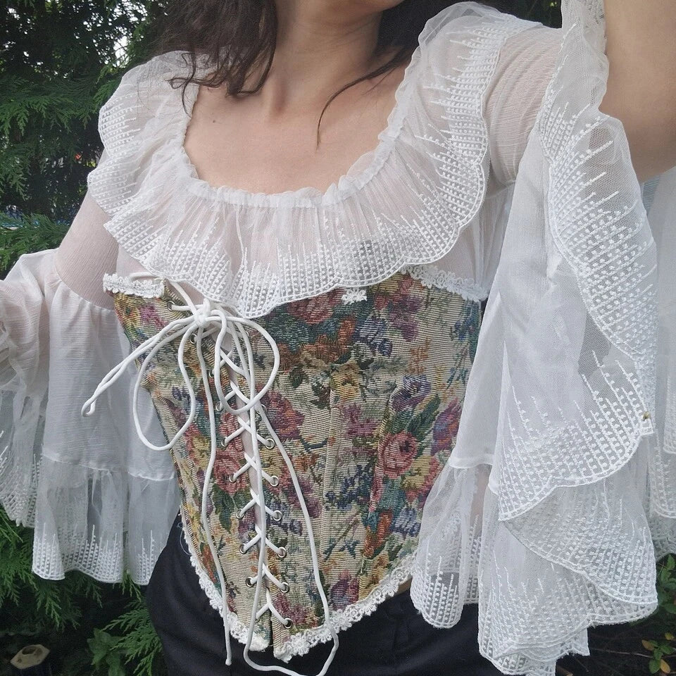 Cute Vintage Floral Jacquard Corset Embroidery Bustier Top Retro Fishbone Lace Up Corset Renaissance Korset Camisole Vest