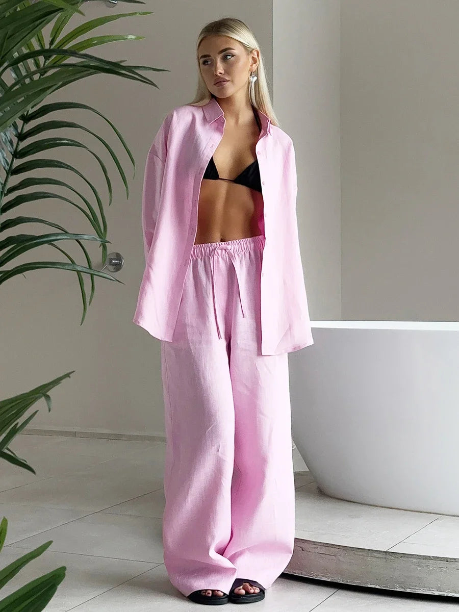 Women's Casual Solid Cotton Linen Pant Sets Chic Laple Single Breasted Long Sleeve Shirt Elasticity Waist Pant New Two Piece Set