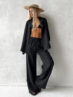 Women's Casual Solid Cotton Linen Pant Sets Chic Laple Single Breasted Long Sleeve Shirt Elasticity Waist Pant New Two Piece Set