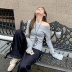 Sexy Pullovers Women Off Shoulder Cropped Knitted Basic Clothes Autumn All-match Side Slit Simple Tender Slim Gentle Seductive