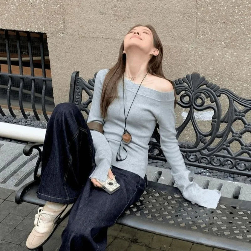 Sexy Pullovers Women Off Shoulder Cropped Knitted Basic Clothes Autumn All-match Side Slit Simple Tender Slim Gentle Seductive