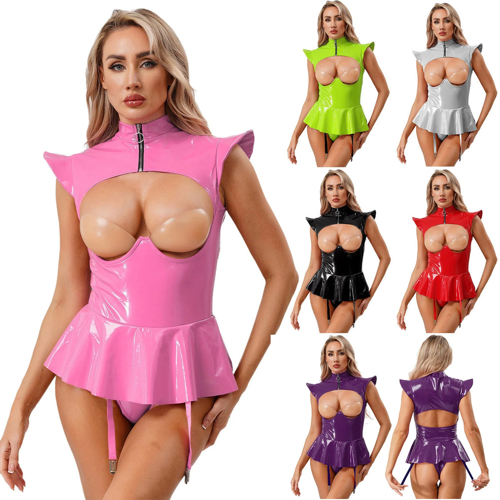 Women Lingerie PU Leather Tempting Bodysuit Breast Hollow Out Underwire Teddies Ruffled Hem Garters Jumpsuit Erotic Nightwear