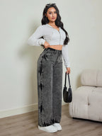2025 autumn new women's jeans, tie-dye contrast washing, elastic waist, high waist straight jeans